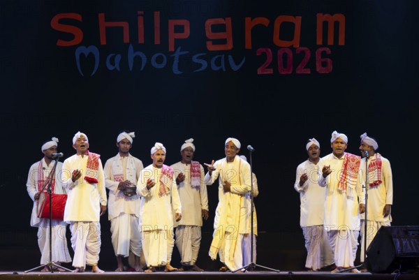 Artists perform 'Ojapali' folk song during a cultural evening program at Shilpgram Mohotsav 2026 in Guwahati, India, on 21 January 2026