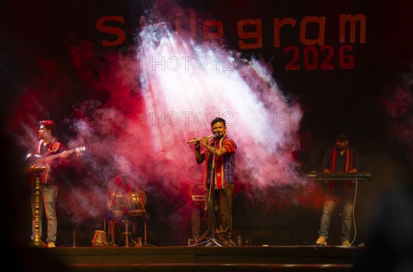 Flutist Dilip Hira performs during a cultural evening program at Shilpgram Mohotsav 2026 in Guwahati, India, on 21 January 2026
