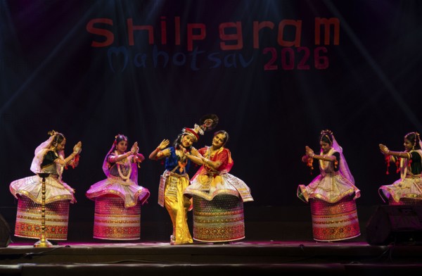 Artists perform classical Manipuri Ras Leela during a cultural evening program at Shilpgram Mohotsav 2026 in Guwahati, India, on 21 January 2026
