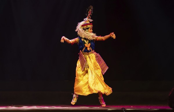 An artist perform classical Manipuri Ras Leela during a cultural evening program at Shilpgram Mohotsav 2026 in Guwahati, India, on 21 January 2026
