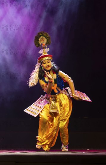An artist perform classical Manipuri Ras Leela during a cultural evening program at Shilpgram Mohotsav 2026 in Guwahati, India, on 21 January 2026