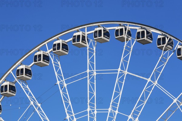 Cabins on The Montreal Observation Ferris Wheel or La Grande Roue de Montreal amusement ride, Old Port of Montreal, Quebec, Canada. George Ferris (1859–96), is the American engineer who invented the ferris wheel
