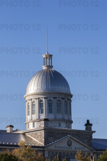 Bonsecours Market dome with arched windows and entrance on rue de la Commune in autumn, Old Montreal, Quebec, Canada
