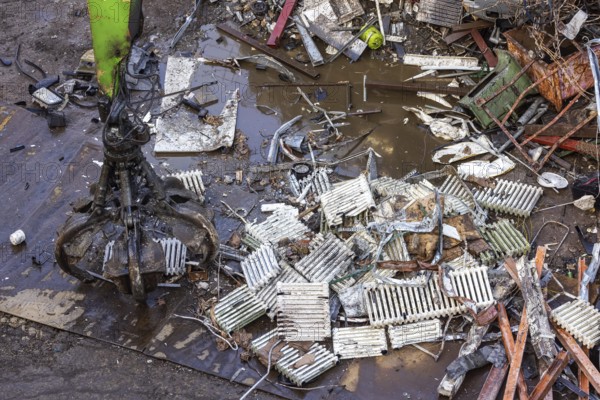 Scrap trade in a commercial port. Old radiators are ready for scrapping and recycling. Mannheim, Baden-Württemberg, Germany