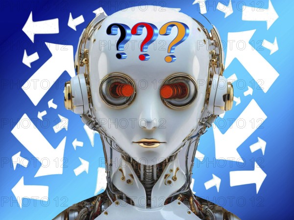 Icon photo, perplexed robot, critical cyber future, security DNA transfer, ethos and robots, ChatGBT, AI, OpenAI, chatbot, artificial intelligence, IT system, informatics, AI learning, IT technology, computer system, software, Microsoft, silicon brain, thinking machine, creativity, new wonder of the world, Einstein replacement, questionable intelligence, AI research, ethics