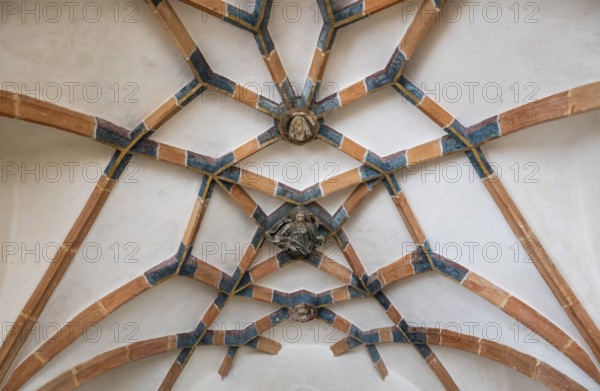 Net vault with keystones depicting God, John the Baptist and Jesus Christ, fountain chapel, connected to blue by monastery channel, Blaubeuren Abbey, Swabian Jura, Baden-Württemberg, Germany