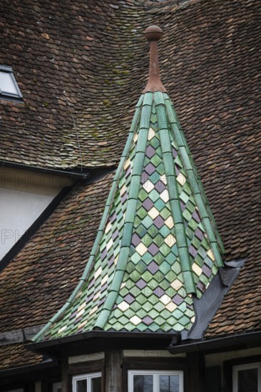 Spitzer Tower with green, glazed roof tiles, Protestant Seminary, Blaubeuren, Swabian Jura, Baden-Württemberg, Germany