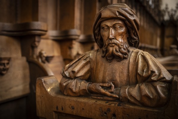 Carved half-figure, man with beard, oak choir stalls for monks' hour prayers, 1493 by Jörg Syrlin the Younger, also Sürlin or Serling, sculptor, completed, choir room, Blaubeuren Abbey, Swabian Jura, Baden-Württemberg, Germany
