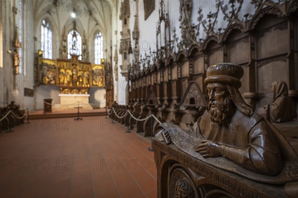 Carved half-figure, man with beard, oak choir stalls for monks' hour prayers, 1493 by Jörg Syrlin the Younger, also Sürlin or Serling, sculptor, completed, choir room, carved half-figure, man with beard, oak choir stalls for monks, 1493 by Jörg Syrlin the Younger, also Sürlin or Serling, sculptor, completed, choir room, Blaubeuren Abbey, Swabian Jura, Baden-Württemberg, Germany