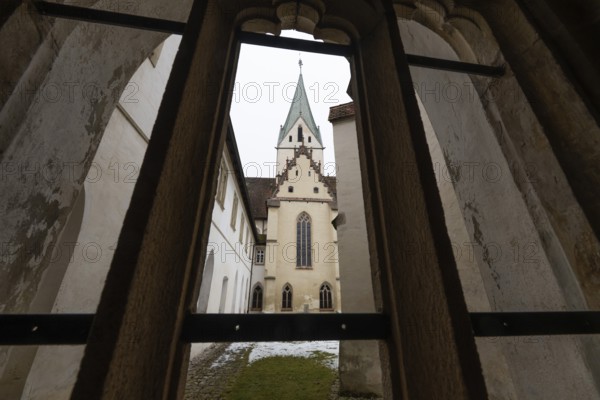 View from cloister in Kreuzgarten, Blaubeuren Abbey, Swabian Jura, Baden-Württemberg, Germany