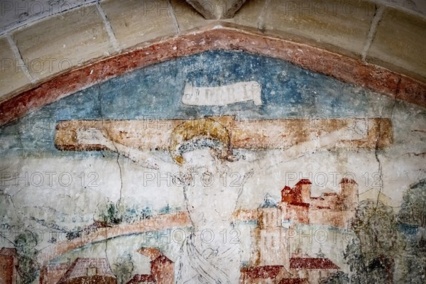 Faded medieval fresco, Christ on the Cross, Cloister, Blaubeuren Abbey, Swabian Jura, Baden-Württemberg, Germany