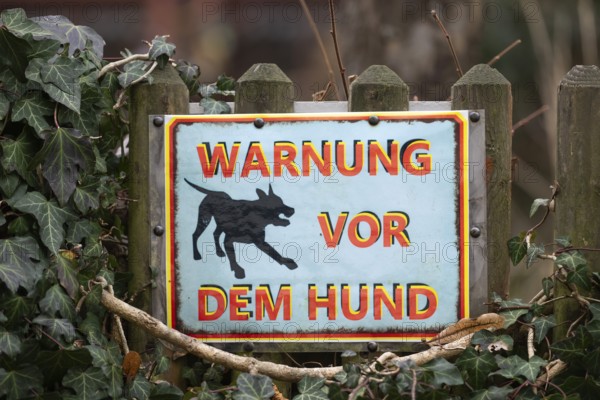 Dog warning sign on a wooden fence, Blaubeuren, Swabian Jura, Baden-Württemberg, Germany