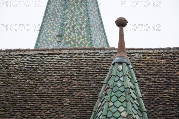 Spitzer Tower with green, glazed roof tiles, Protestant Seminary, Blaubeuren, Swabian Jura, Baden-Württemberg, Germany