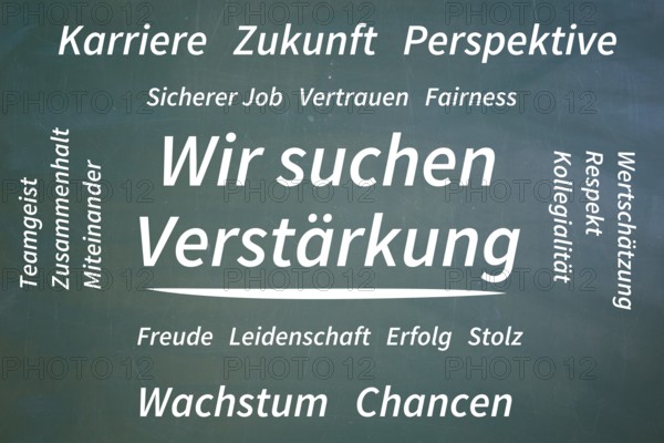 (Added) Text WE ARE LOOKING FOR REINFORCEMENT, surrounded by positive terms such as career, future, team spirit, trust, appreciation, growth and opportunities on a blackboard