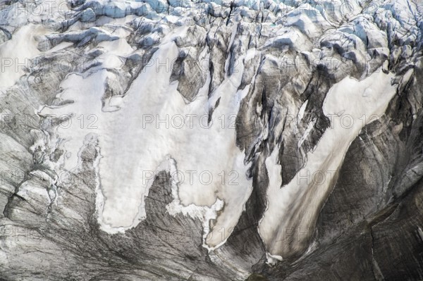 Aerial view of Greenland ice sheet, Arctic landscape, frozen wilderness, glaciers and snow-covered terrain, Climate change, Global warming, Greenland, North America