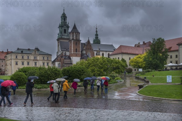 Wavel Cathedral on Wavel Hill, tourist group with umbrellas, Krakow, Poland
