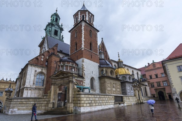 Wavel Cathedral on Wavelhill in rainy weather, Krakow, Poland