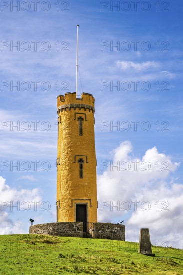 Binns Tower over Scotish farms and Forth Estuary, House of the Binns, Linlithgow, Scotland, UK