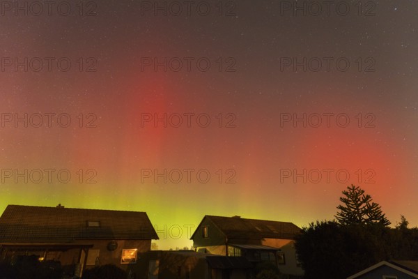 Northern lights in red and green over houses, trees and starry sky at night, aurora borealis, Ilsede, Lower Saxony, Germany