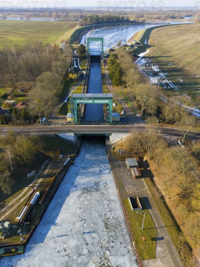 Frozen water surface in front of the Niegripp lock from a bird's eye view, Niegripp lock, Niegripper connection channel, connection between Elbe and Elbe-Havel Canal, Jerichower Land, Saxony-Anhalt, Germany