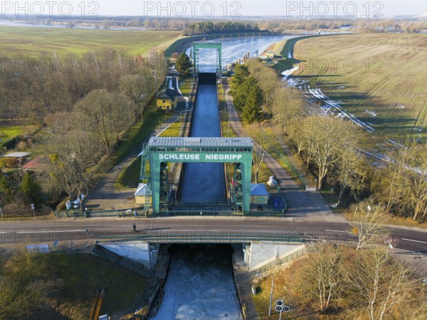 Close-up of Niegripp lock seen over a flat bridge with surrounding forest, aerial view, Niegripp lock, Niegripper connection channel, connection between Elbe and Elbe-Havel Canal, Jerichower Land, Saxony-Anhalt, Germany