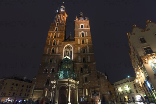 St. Mary's Basilica at night, Krakow, Poland