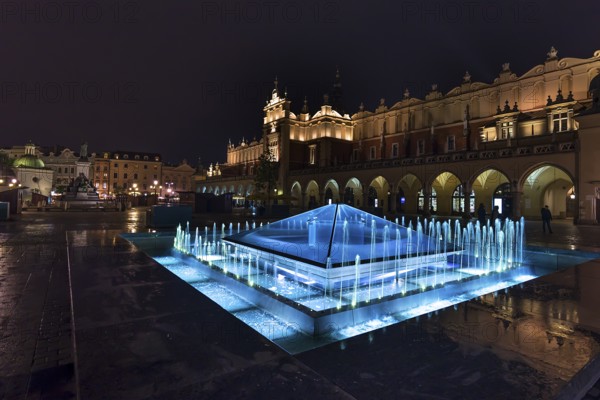 Illuminated fountain with cloth halls at night, Market Square, Krakow, Poland