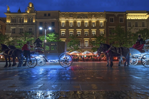 Waiting horse-drawn carriages at the market square at night, Krakow, Poland