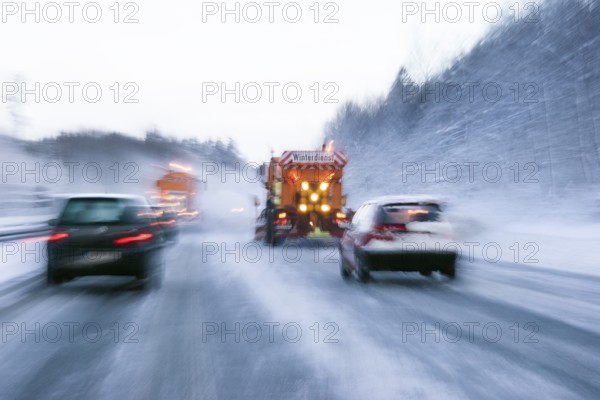 Winter maintenance, snowplow, spreader on snowy highway, speed, Upper Bavaria, Germany