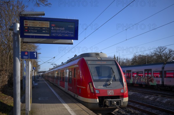 Display train omitted, S-Bahn, train, S2, class 420 in traffic red, stops at platform, station Sommerrain, public transport, sky, blue, Stuttgart, Baden-Württemberg, Germany