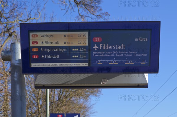 Ad train cancelled, S-Bahn, train, S2, platform, stop, Sommerrain station, public transport, sky, blue, Stuttgart, Baden-Württemberg, Germany