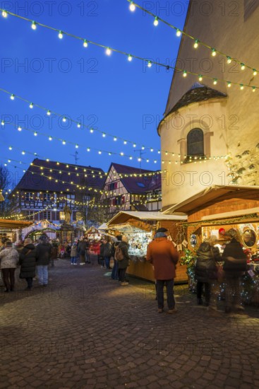Christmas market, blue hour, Eguisheim, Haut-Rhin, Grand Est Region, Alsace, France