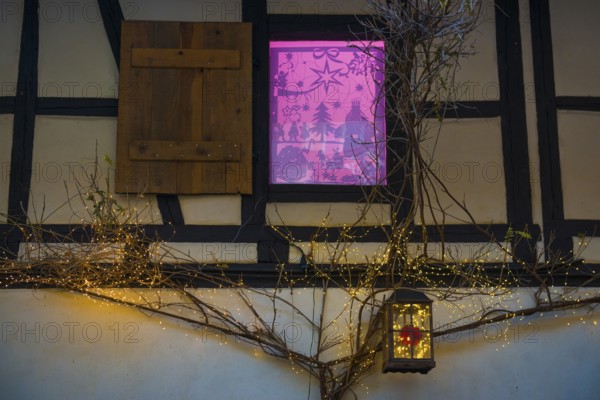 Christmassy decorated half-timbered house, Christmas market, Eguisheim, Haut-Rhin department, Grand Est region, Alsace, France