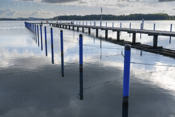 Piles with ropes for mooring for boats, boat dock, graphic effect, Sellin harbour, Sellin lake, clouds reflected in the lake, Sellin, Baltic Sea resort, Rügen island, Mecklenburg-Western Pomerania, Germany