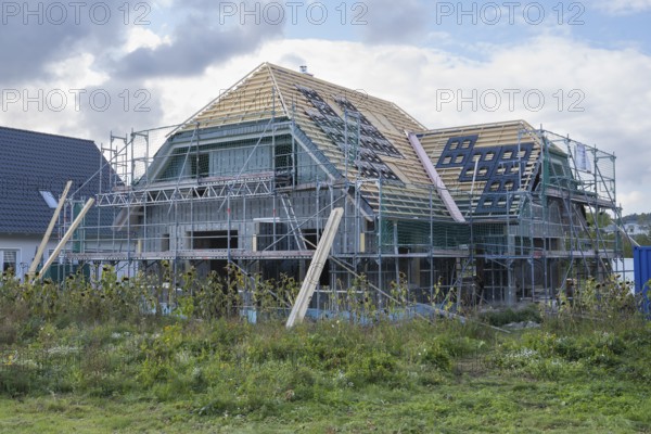 Equipped residential building, shell with roof truss, new development area, Sellin, Baltic resort, Rügen island, Mecklenburg-Western Pomerania, Germany