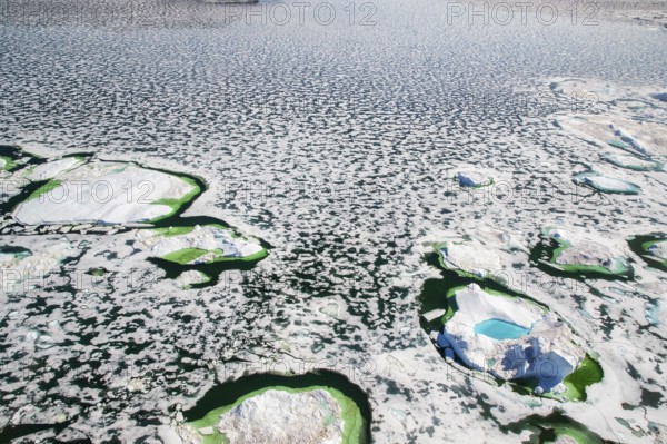 Aerial view of melting icepack and icebergs, Greenland (Kalaallit Nunaat), Arctic Ocean, climate change, global warming, geographically part of North America, politically part of the Kingdom of Denmark