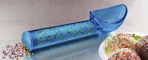 Blue, transparent ice cream scoop filled with coloured sugar sprinkles, next to a plate with different types of ice cream, decorated with coloured sugar sprinkles