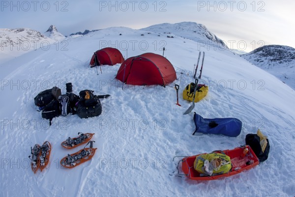 Tourists camp in a winter Arctic expedition skiing along Ikasartivaq Fjord, Sermersooq municipality, north of Ammassalik Island and facing Sermilik, Greenland, North America