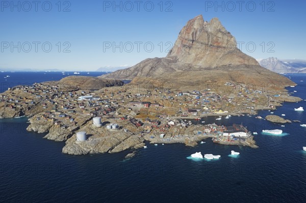 Aerial view of the village of Uummannaq, located on Uummannaq Island in the Uummannaq Fjord, northwestern Greenland, North America