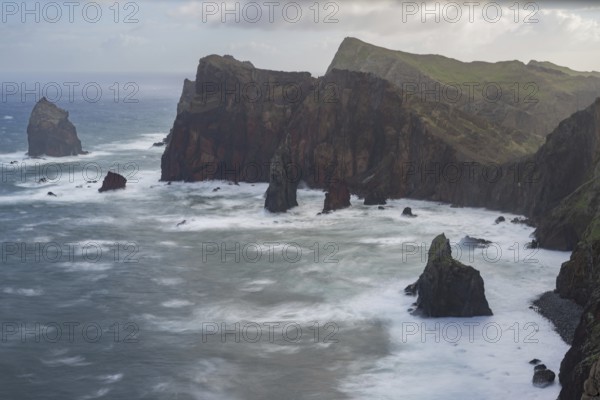 Long exposure of rock formations in the Atlantic Ocean, volcanic peninsula, Ponta de São Lourenço, Ponta de Sao Lourenco, rocky coast, Punta de San Lorenzo, Madeira, Portugal
