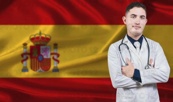 Portrait of medical professional on Spain flag background. Spanish national health system