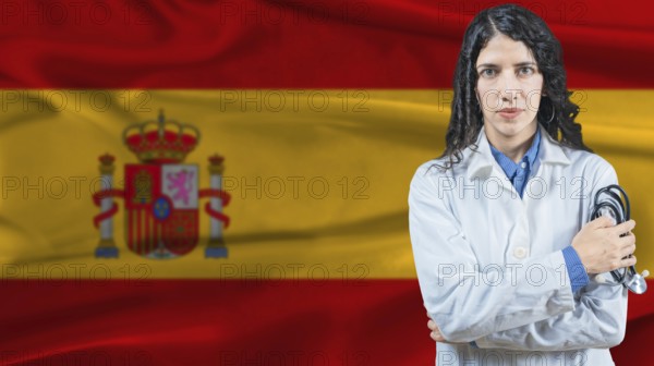 Spanish national health system, Medical professional on Spain flag background