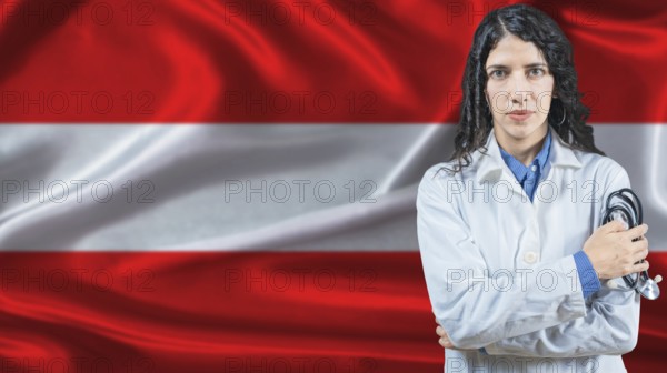 Austrian national health system, Medical professional on Austria flag background