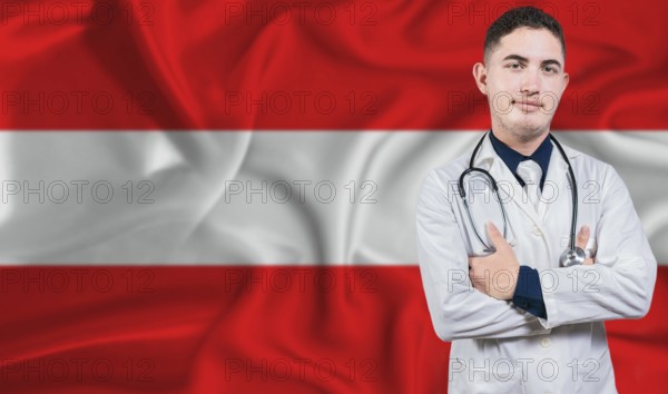 Portrait of medical professional on Austria flag background. Austrian national health system