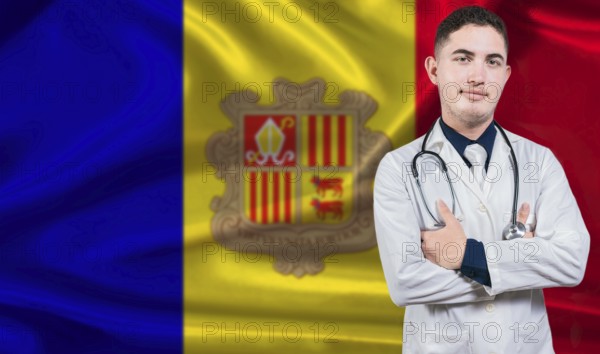 Portrait of medical professional on Andorra flag background. Andorran national health system