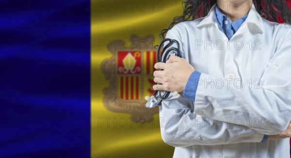 Healthcare professional with Andorra flag background. Professional doctor holding stethoscope on Andorra flag background