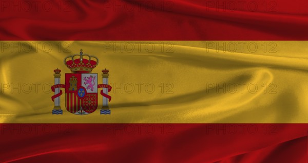 Flag of Spain with fabric textured background. Close up of National flag of Spain with realistic texture