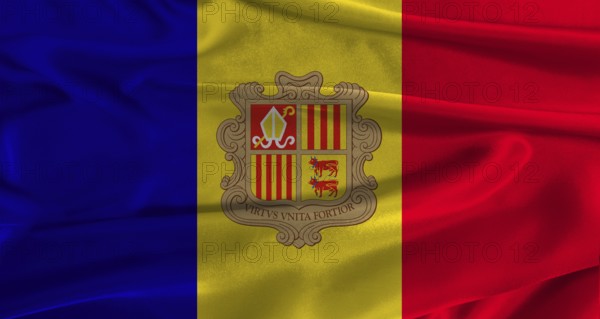 Flag of Andorra with fabric textured background. Close up of National flag of Andorra with realistic texture