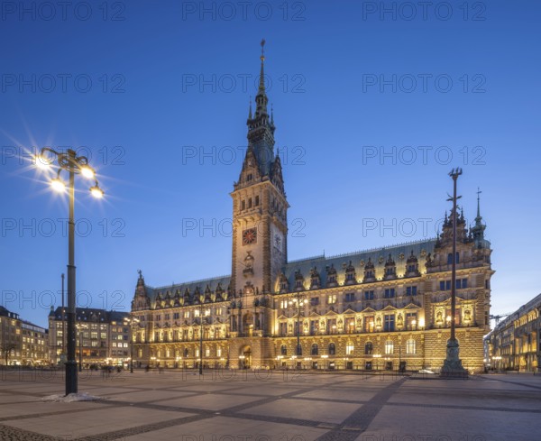 Hamburg City Hall with illuminated façade at the blue hour, Hamburg, Germany