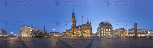 360 degree view of Rathausplatz at Blue Hour with Town Hall, Alster Arcades, Jungfernstieg, Bucerius Kunst Forum, Hamburg, Germany